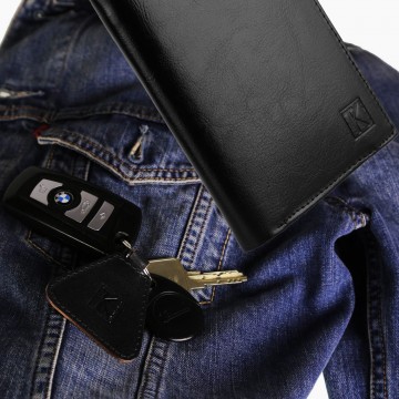 PACK Cadeau Portefeuille homme cuir marron + porte-clés + emballage TK, Noël Anniversaire 