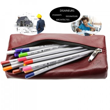 Grande trousse en cuir, organisateur, crayons stylos "ARCHI" 100% CUIR 21 x 11 cm -Trousses Scolaires, Etudiants, Dessinateurs