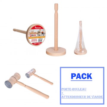 Porte-Rouleau de cuisine en bois +Attendrisseur de viande en bois