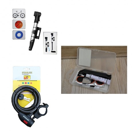 Antivol vélo + Pompe à vélo + kit réparation vélo