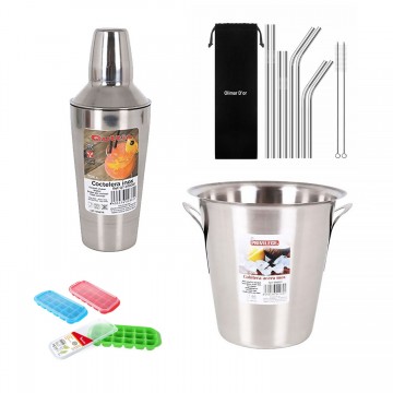 Lot Bac à glaçons + Shaker en acier inoxydable + Seau à glaçons en INOX +Lot de 10 pailles en inox, paille de haute qualité