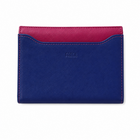 Portefeuille en cuir avec un extérieur violet et rouge, et un intérieur aux multiples couleurs.