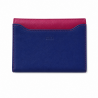 Portefeuille en cuir avec un extérieur violet et rouge, et un intérieur aux multiples couleurs.