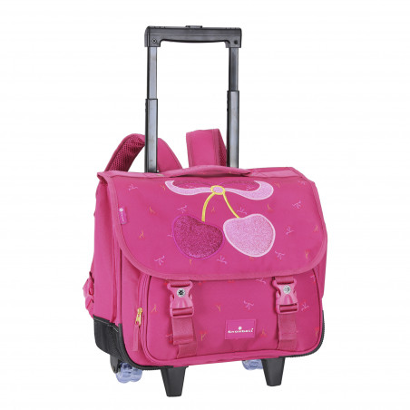 Sac à dos à roulettes rose CHERRY pour les élèves de CM1 et CM2.
