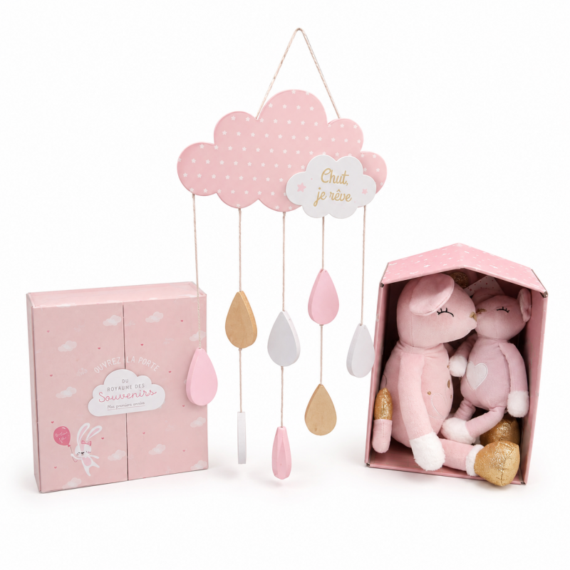 Lot de peluches souris maman et bébé, coffret naissance souvenir rose / tsuspension enfant nuage