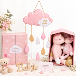 Lot de peluches souris maman et bébé, coffret naissance souvenir rose / tsuspension enfant nuage